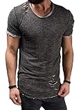 Men's Short Sleeve Crew Neck Slim Fit Fitness T-shirt Tops with Ripped Holes
