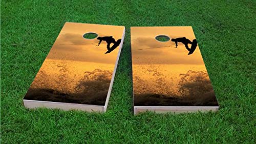 Floating Pong Sunset Wake Boarding Cornhole Boards, 2x4 Boards, Wood, Handmade, Includes 8 All Weather Bags + Boards Carrying Case + Cornhole Lights (Choose Color)