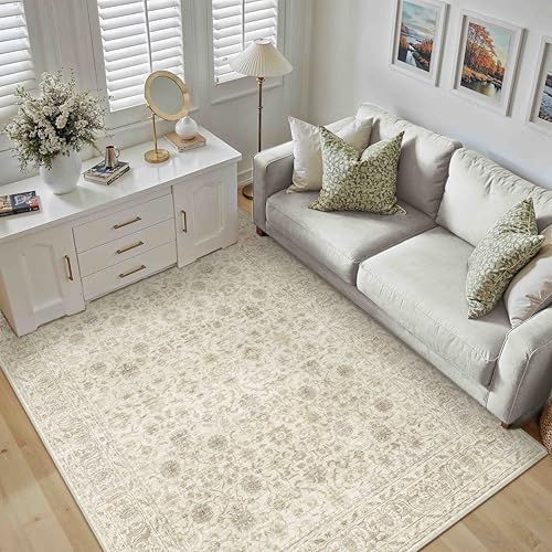 PureCozy Vintage Teppich Wohnzimmer 120x170cm Beige Waschbar Groß Teppiche