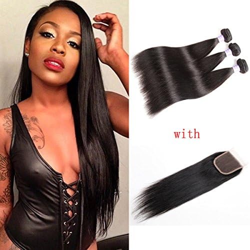 AMZTMY 7A Brazilian Straight Hair 3 Bundles With Closure 100% Unprocessed Virgin Hair Extensions Human Hair Weft Weave With Free Part Lace Closure Natural Color (18 18 18+18 inch)