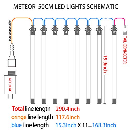 OMGAI 50CM 12 Tubes 576 LED Meteor Shower Rain Lights Waterproof Drop