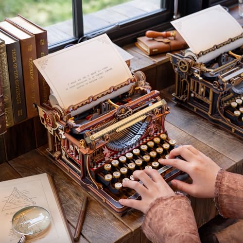 ROBOTIME Fairytale Wooden 3D Puzzle Writing Machine - Building Adult Model Kit, Mechanical Toy, Retro Office Decoration & Elegant Gift, LK703C (Orange)