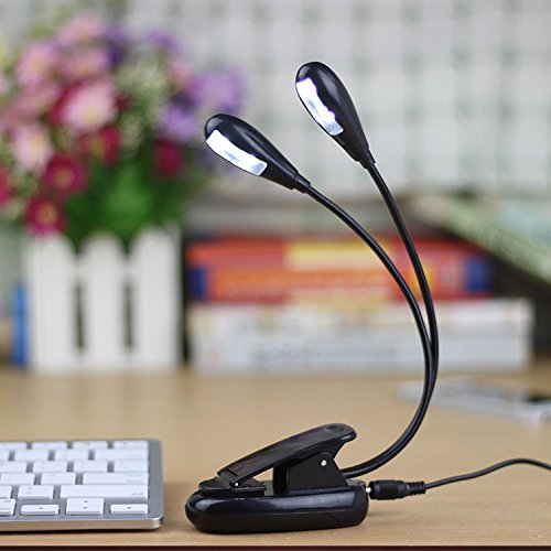 7TECH LED Book Reading Light 4 LED Battery USB Dual Use,Double Flexible Neck Black