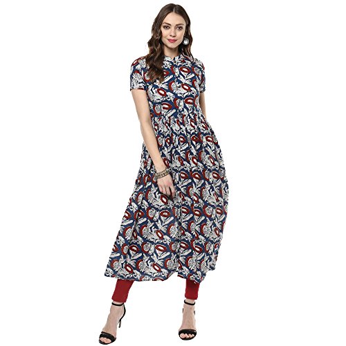 Indian Virasat Women s Floral Printed Front Slit Kurta Small Blue Tunic Kurti