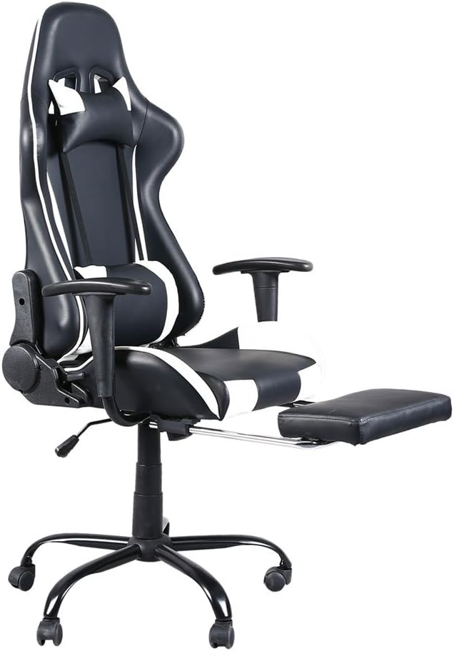 High Back Swivel Chair Racing Gaming Chair Office Chair with Footrest Tier Black & White