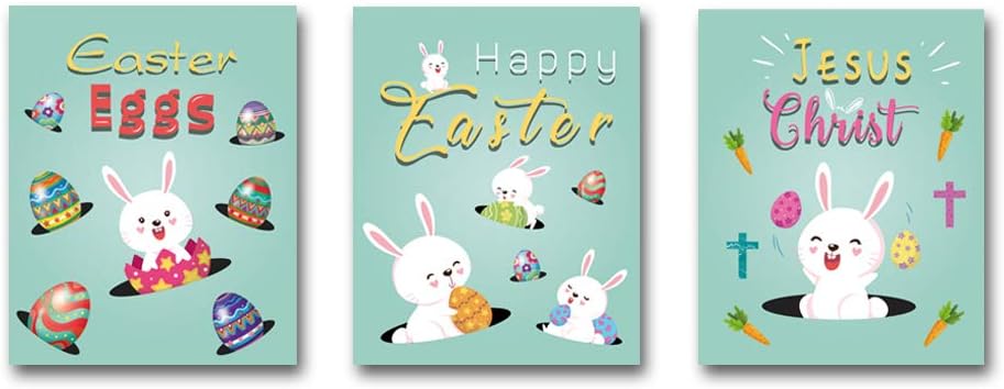 CHDITB Easter Art Print Adorable Bunny Easter Eggs Art Painting, Set of 3 Art Posters(8" x10) Colorful Happy Easter Canvas Painting Poster for Kids Room Nursery Decor