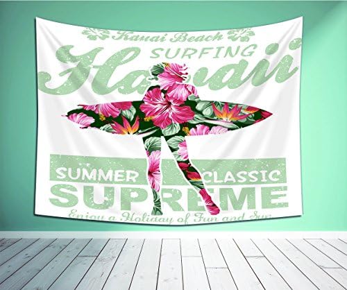 Avamam Tapestry Wall Art Hawaiian Decorations Collection Tropical Hawaii Hibiscus Surfing Girl Silhouette Surfboard Retro Themed Artprint Cor Wall Hanging For Bedroom Living Room Dorm Size-10"Wx08"H