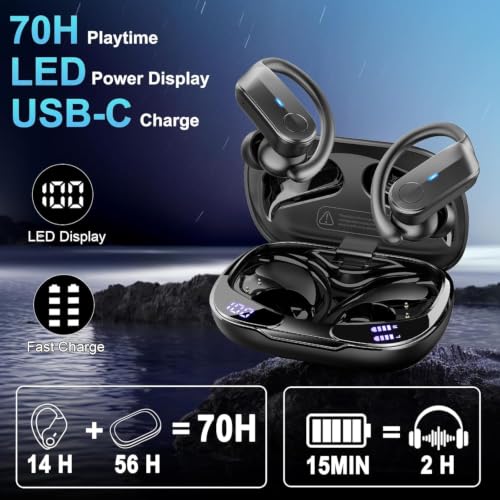Wireless Earbuds Sports, 2026 Bluetooth 5.4 Headphones with 70H Deep Bass Over Ear Buds, IPX8 Waterproof ENC Noise Cancelling Earphones, Running Headphones with Earhooks, USB-C Headset for Workout/Gym