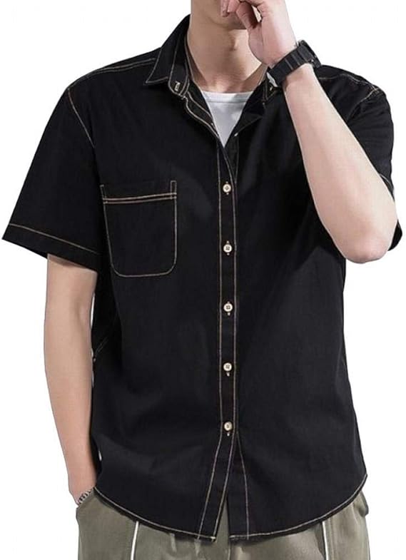 Amazon デニムシャツ メンズ シャツ 半袖 ワイド ワークシャツ 開衿シャツ オープン トップス Tシャツ 肌触りが良い カットソー デニム風 コットン カジュアル メンズ 夏服 春 夏 秋 冬 シンプル おしゃれ 無地 2xl ブラック Tシャツ カットソー 通販