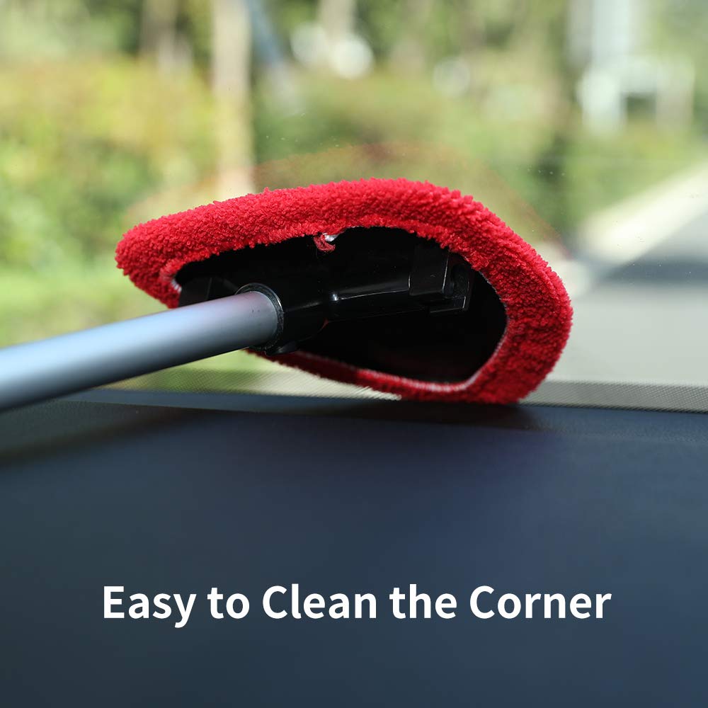 QUEES Windshield Cleaning Tool Unbreakable Car Window Glass Cleaner with Extendable Handle and 2 Washable Reusable Microfiber Pads 1 Wash Sponge