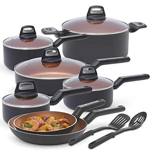 Click Here to See More Images BLACK+DECKER 83375 14 Piece Durable Titanium Nonstick Interior Cookware Set, Multi-Size, Copper