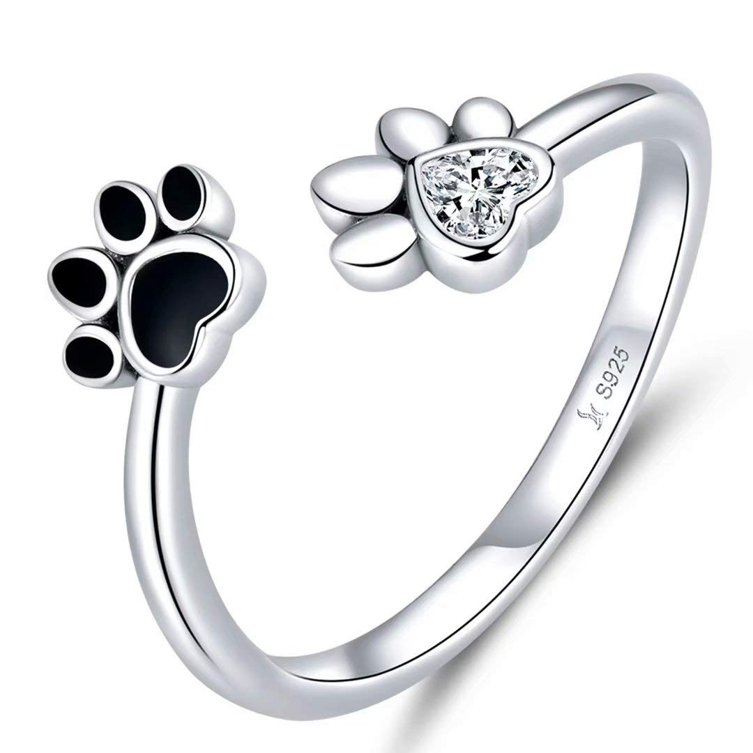 Qings Pet Footprint Open Ring Silver 925 Sterling Silver Adjustable Zircon Ring A Gift for Mom and Wife