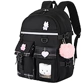 Teenage girls Backpacks15.6 Inch Cute School Bag Elementary Middle High School College Backpack Girls School Large Capacity Waterproof Backpacks, Cute Black Fashion Backpacks Travel Backpack(Black)…
