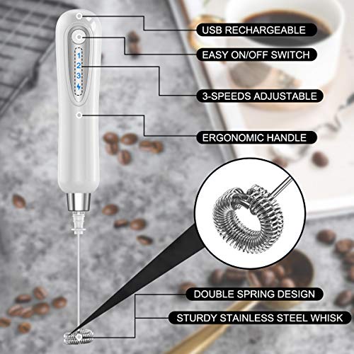 CAVN Rechargeable Milk Frother Handheld Electric Coffee Frother, 1500 mAh Battery Drink Egg Mixer with 2 Stainless Steel Whisks for Cappuccino Bulletproof Coffee Frappe Latte Hot Chocolates (White)