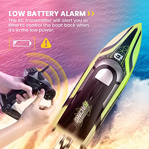 DEERC RC Boat with LED Light, 30+ Mins, Self Righting Remote Control Boat for Pools & Lakes, 20+ MPH, 2.4GHz Racing Boats, 2 Battery, Summer Pool Toys for Kids