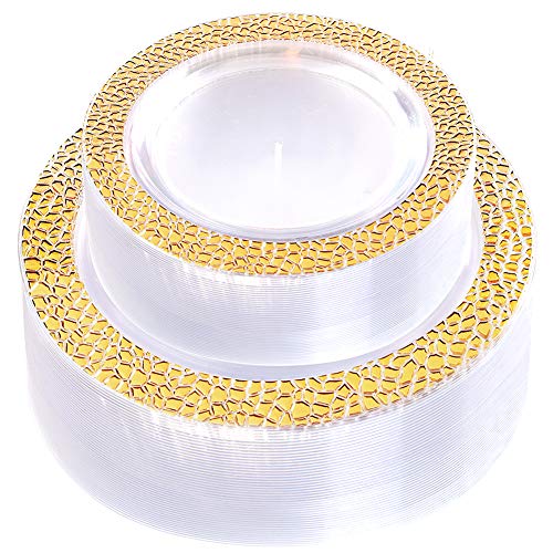 WDF 102pcs Gold Plastic Plates -Clear with Hammered Design Crystal Disposable Wedding Party Plastic Plates Include 51 Plastic Dinner Plates 10.25inch,51 Salad/Dessert Plates 7.5inch