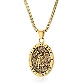 Aprila Men Saint Michael Necklace,Stainless Steel Black/Silver/Gold Archangel Pendant Necklace Amulet Protect Jewelry,60cm Rolo Chain
