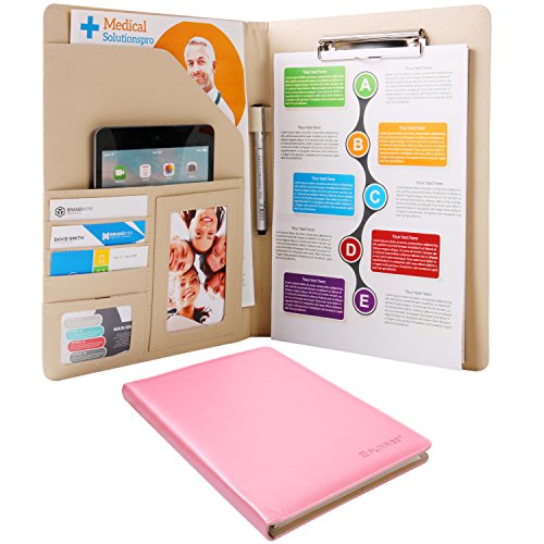 Plinrise Waterproof Shine PU Leather File Folder, Tight Metal Clip File Folder, For Letter Size Papper Writing Pad ,Perfect Office Folio Organizer & Professional Documents (Pink)