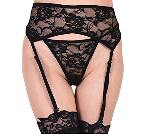 MISMXC Womens Lace Garter Belt Panties & Sheer Stockings Lingerie Set (Black style 2) - Thumbnail 5