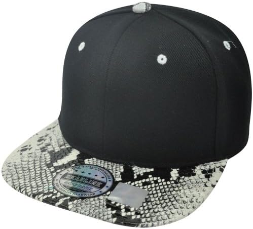 Black Solid Mix Faux Snake Skin Flat Bill Snapback Blank Constructed Hat Cap