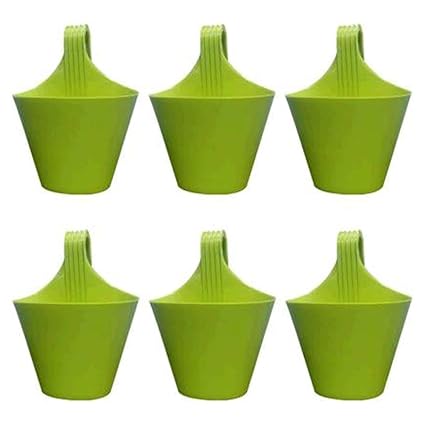 Maanit Hanging Planters for Plants Railing Flower Pots, Balcony Railing Vertical Hook for Home Gardening, Unbreakable Plastic Plant Container (Green, Set of 6)