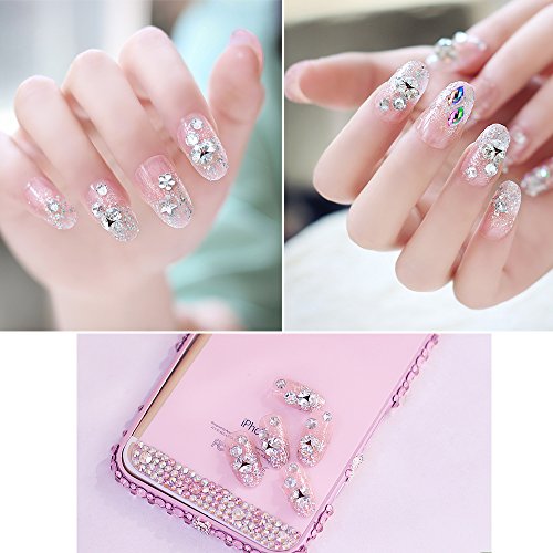 Homgaty Acrylic Nail Art Rhinestones Set, 6 Pack Nail Wheels Colourful Decoration Accessories For Girls, Mixed Size 3D Glitter Nails With Pick Up Pencil and Tweezer