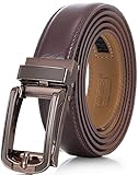 Marino Men’s Genuine Leather Ratchet Dress Belt with Open Linxx Buckle, Enclosed in an Elegant Gift Box - Gunblack Silver Round Open Buckle W/Brown Leather - Custom: Up to 44