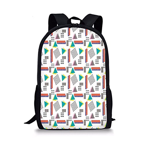 iPrint School Bags 90s,Memphis Style Geometrical Illustration with Dots Barcode Triangle Shapes Retro Art,Coral Black for Boys&Girls Mens Sport Daypack