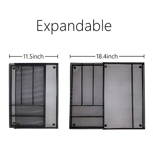 Iris'Home Expandable Silverware Organizer Mesh Cutlery Tray 7 Compartments. Kitchen Drawer Utensil Organizer Flatware Storage with Non-slip Foam Feet - Black