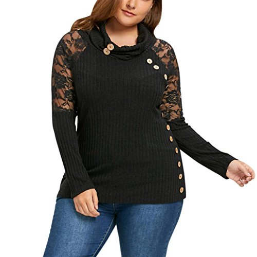 Tootu Plus Size Women Turtleneck Tops Lace Loose Long Sleeve Knit T Shirt Tee Blouse (XL/Asian Size:XXL, Black)