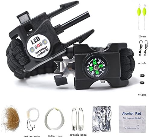 Auchee LED SOS Emergency Paracord Bracelet Fishing Kit |The ULTIMATE 15 in 1 Tactical Survival Gear| Perfect Cycling Hiking Camping Fishing Hunting (Black Fishing Kit, Cobra 9inch)