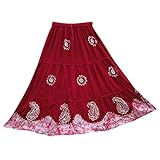 Womens Bohemian Skirt Red Tie Dye Embroidered A-Line Peasant Long Skirt