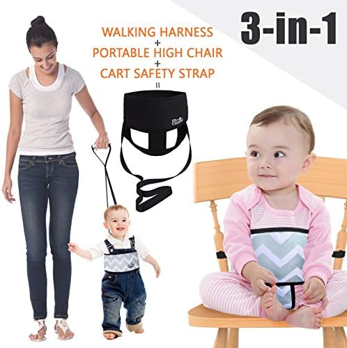 Umiin 3 in 1 Portable Travel High Chair Toddler Safety Walking Harness Shopping Cart Safety Strap Lightweight Washable, Black
