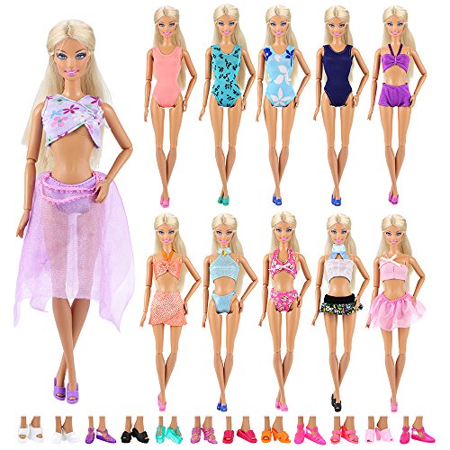 Barwa 5 Sets Swimwear Swimsuit Beach Bikini Bathing Clothes for Barbie Doll with Shoes Xmas Gift