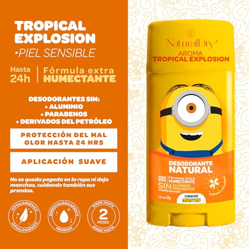 NaturalDry - Desodorante Para Niños y Teens Natural Infantil Minions 50g | Sin Aluminio ni Parabenos | 24hrs Protección | Para Niños y Adolescentes Piel Sensible (2 x Tropical Explosion)