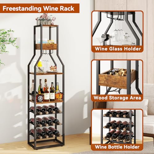 IBUYKE Wine Rack Floor,Bar Industrial Wine Bar,Brown TMJ916H | Wine Rack with Cup Holder Wine Rack for Living Room Kitchen Dining Room