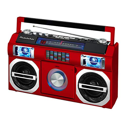 Studebaker SB2145R 80’s Retro Street Boombox with FM Radio, CD Player, LED EQ, 10 Watts RMS and AC/DC in Red