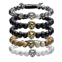 Jovivi 8mm Handmade Lion Head Macrame Adjustable Lava/Matte Agate/Picture/Dragon Stone Gemstone Beaded Bracelet,Unisex