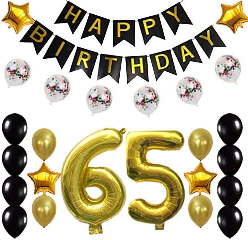 65th Birthday Decorations Party Supplies Happy 65th Birthday Confetti Balloons Banner and 65 Number Sets for 65 Years Old Party(Gold)