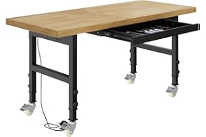 Pelnuies 60" Work Bench with Wheels, Adjustable Height Workbench with Drawers, Heavy-Duty Work Table with Power Outlets, 2000 LBS Capacity Workstation for Garage, Workshop, Office, Home