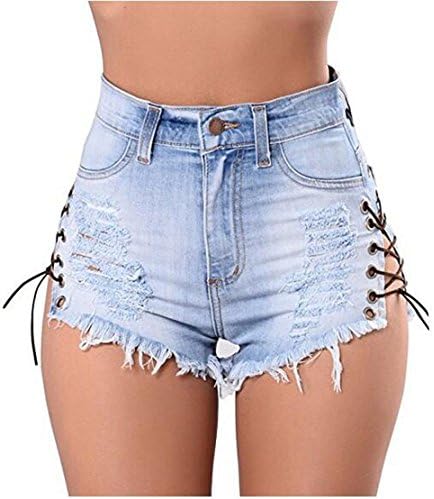 Sexy Women Summer Stretchy High Waist Lace up Ripped Distressed Denim Jean Shorts (M)