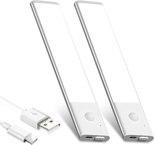 Kasanfe Motion Sensor Lights Indoor Under Cabinet Kitchen Lights Rechargeable, 1100 mAh Battery Operated Under Cupboard Lighting, Wireless Under Counter Lights for Closet, Shelf, Bedroom. (2 Packs)