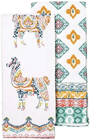ENVOGUEColorful Llama Medallions - Set of 2 Kitchen Hand Towels - 100% Cotton