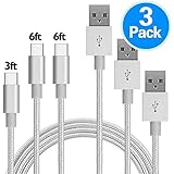 USB Type C Cable, VUV USB C Cable 3 Pack 3FT/6FT/6FT(1M/2M/2M)Nylon Braided USB C to USB A Charger Cord (USB 2.0) for Samsung Galaxy Note 8 S8 Nexus 6P LG G6 V20 V30 New Macbook OnePlus 5 3T (Sliver)