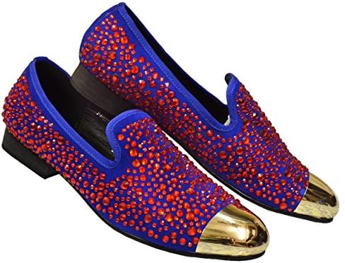 Fiesso Men's Crystal Royal Blue Red Genuine Leather Rhinestones Italian Design Gold Metal Hardware Loafer Shoes FI6918, 10