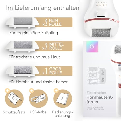 Essy Electric Rechargeable Callus Remover with 5 Replacement Rollers for Silky Soft Feet, Battery Foot Care Set Women Men with Pressure Protection, 2 Speeds, LED Display, Pedicure Set (White)