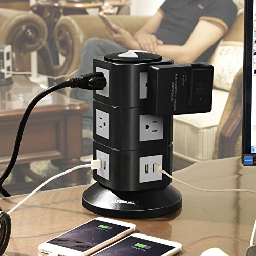 Safemore Surge Protector Power Strip 10-Outlet with 4-USB Multiple Outlets Tower Socket 6.5ft Long Cord 3 Prong Plug Universal Charging Station for Office (Black and White) - Thumbnail 6