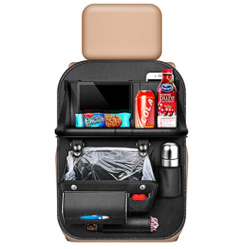 Ideashop Car Back Seat Organizer with Foldable Table Tray & Trash Can PU Leather Auto Backseat Car Organizer for Kids Toy Bottles Storage Adjustable Straps Tissue Box Ipad Tablet Holder Kick Mat - Thumbnail 7