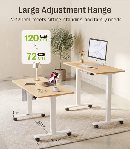 MAIDeSITe Height Adjustable Electric Lift Table, 120 x 60 cm Standing and Sitting Table with Cable Tray, Hook and Storage Pockets, Lift Table with Memory Controller