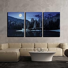 3 Piece Canvas Wall Art - Lake Near The Pine Forest in Mountains at Night in Full Moon Light - Modern Home Art Stretched and Framed Ready to Hang - 16"x24"x3 Panels